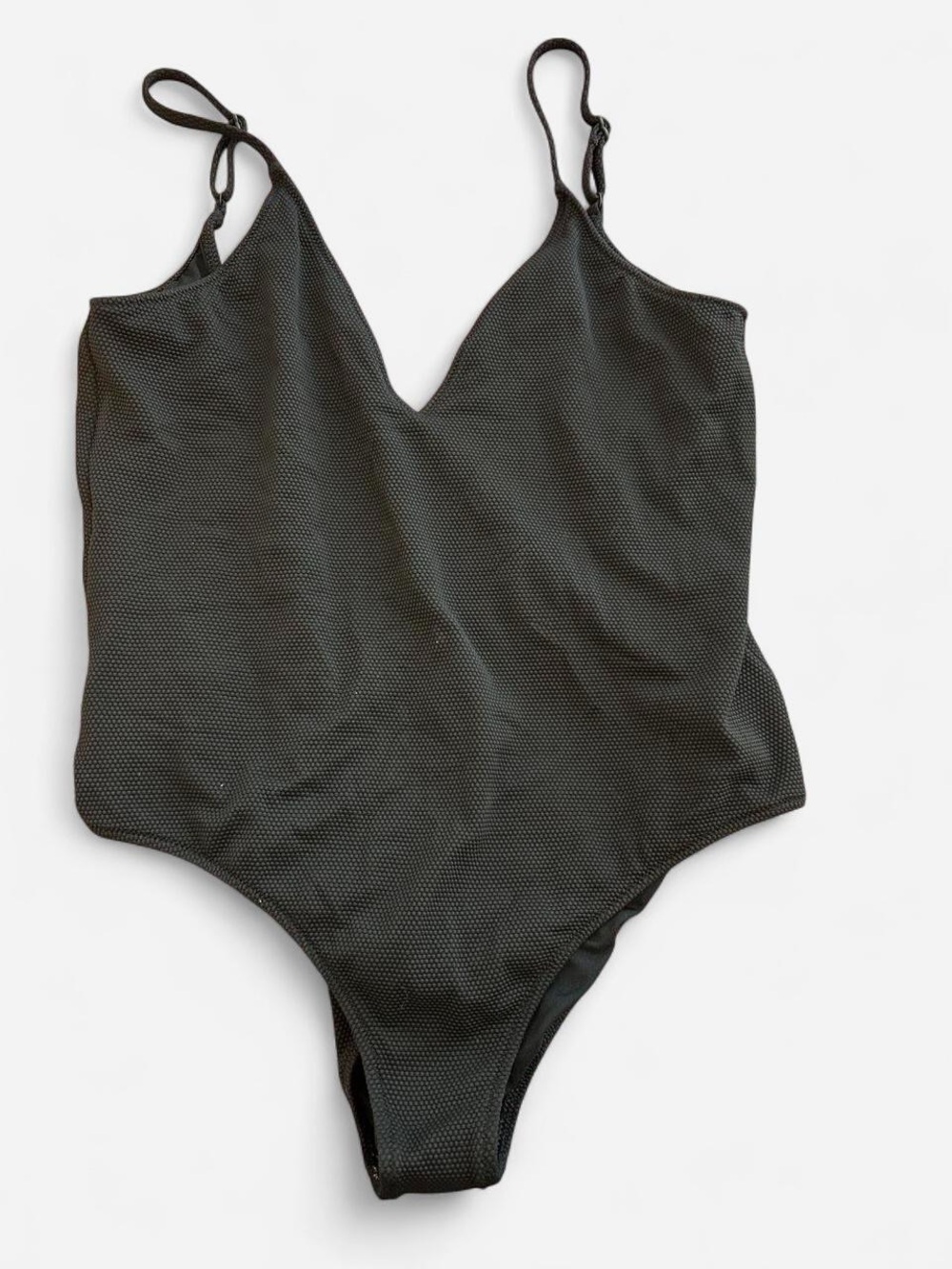 Black Textured V-Neck One-Piece Swimsuit